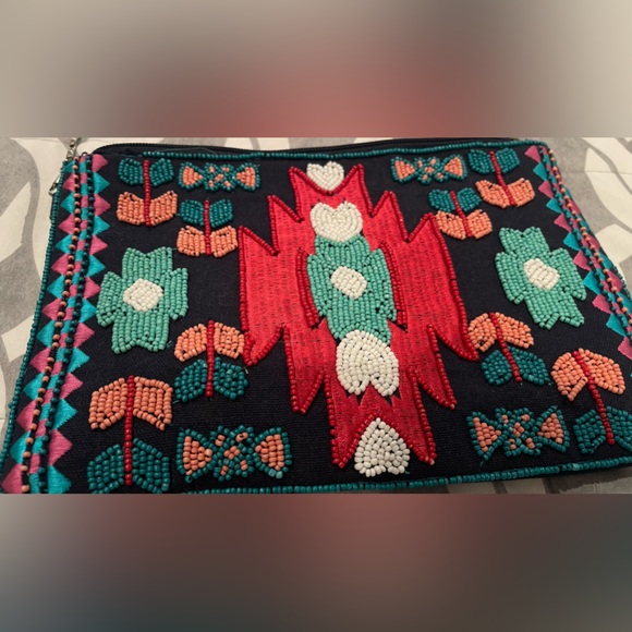 STEVEN Beaded Aztec Front Blue Pink Clutch Zip Purse - Picture 2 of 4